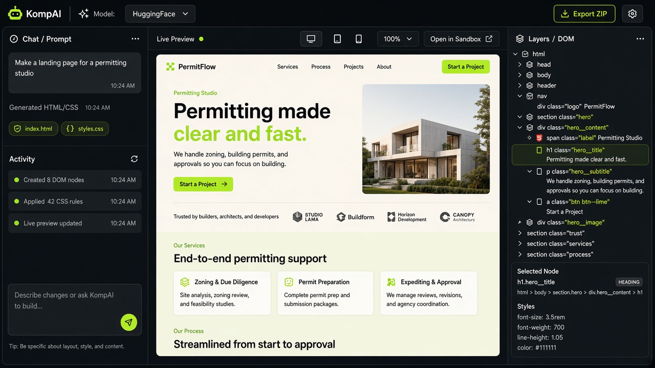 KompAI builder with prompt panel, live preview, and DOM inspector